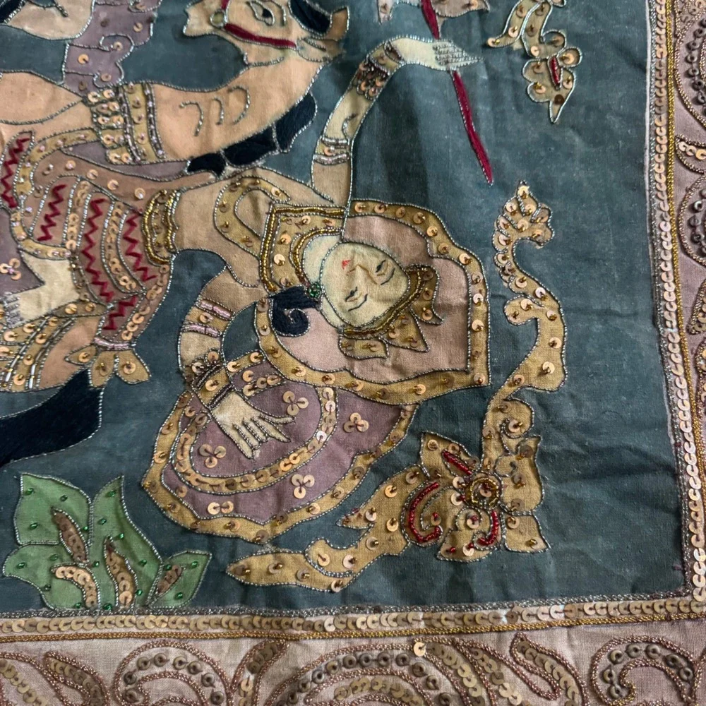 Vintage Burmese Kalaga Tapestry Large Gold Embroidered Elephant Wall Hanging Art